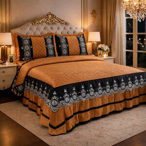 Istanbul Gold Luxury Velvet Coverlet with Ruffle Vintage Royal Design Bedspread